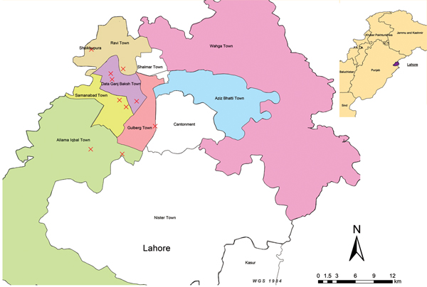 Location of live poultry retail shops (X) in 5 towns in Lahore, Pakistan, where avian influenza A(H9N2) virus isolates were identified in chickens, 2009–2010. Inset shows location of Lahore in Punjab Province.