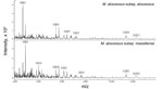 Thumbnail of Spectrum of Mycobacterium abscessus subsp. abscessus and M. abscessus subsp. massiliense created by matrix-assisted laser desorption/ionization time-of-flight mass spectrometry Biotyper system (Microflex LT; Bruker Daltonik GmbH, Bremen, Germany). The absolute intensities of the ions are shown on the y-axis, and the masses (m/z) of the ions are shown on the x-axis. The m/z values represent the mass-to-charge ratio.