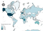 Thumbnail of Worldwide geographic distribution of Salmonella geo-serotypes (n = 1,472). The geo-serotypes Africana, Orientalis, and Westafrica were excluded. Administrative boundaries copyright by Eurographics and the United Nations Food and Agricultural Organization.