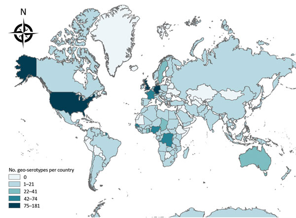 Worldwide geographic distribution of Salmonella geo-serotypes (n = 1,472). The geo-serotypes Africana, Orientalis, and Westafrica were excluded. Administrative boundaries copyright by Eurographics and the United Nations Food and Agricultural Organization.