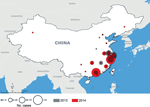 Thumbnail of Avian influenza A(H7N9) in humans, China, 2013–2014. Data were obtained from the World Health Organization as reported from the National Health and Family Planning Commission (http://www.who.int/influenza/human_animal_interface/influenza_h7n9/en/).
