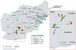Thumbnail of Geographic distribution of 71 case-patients with invasive fungal wound infections and 101 matched control-patients. Afghanistan, 2009–2011. Inset shows a detailed view of southern Afghanistan region where most cases originated. The IFI case-patients are classified according to established definitions (13). A proven IFI is confirmed by angioinvasive fungal elements on histopathologic examination. A probable IFI had fungal elements identified on histopathologic examination without ang