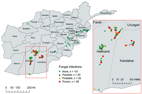 Geographic distribution of 71 case-patients with invasive fungal wound infections and 101 matched control-patients. Afghanistan, 2009–2011. Inset shows a detailed view of southern Afghanistan region where most cases originated. The IFI case-patients are classified according to established definitions (13). A proven IFI is confirmed by angioinvasive fungal elements on histopathologic examination. A probable IFI had fungal elements identified on histopathologic examination without angioinvasion. A