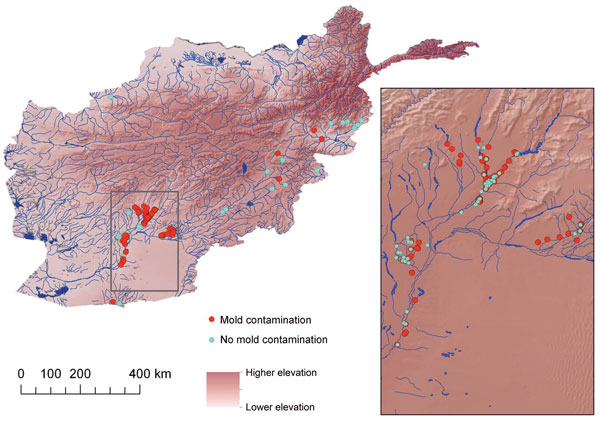 Geographic distribution of military personnel with wounds contaminated by mold (n = 101) and control-patients (n = 66), Afghanistan, 2009–2011. Inset shows detail view of southern Afghanistan region where most cases originated. The mold contaminated group includes 7 patients for whom cultures did not show mold growth, but were diagnosed with invasive fungal wound infections (IFIs) on the basis of histopathologic examination. Five patients with injuries sustained outside the study regions were ex