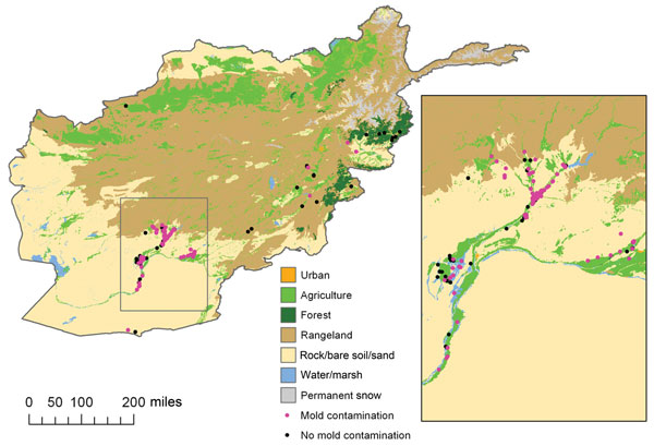 Geographic features of southern and eastern Afghanistan study zones, 2009–2011. Inset shows detail view of southern Afghanistan region where most cases originated. Because injuries frequently occurred in close proximity, some points overlay other points. The mold contamination points are on top.