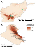 Thumbnail of Results of ecologic niche modeling in Afghanistan, 2009–2011 (A), and projection of findings onto Iraq (B). Darker red indicates areas estimated to have higher probability of mold presence based on the environmental conditions of mold contamination locations in Afghanistan (green circles).