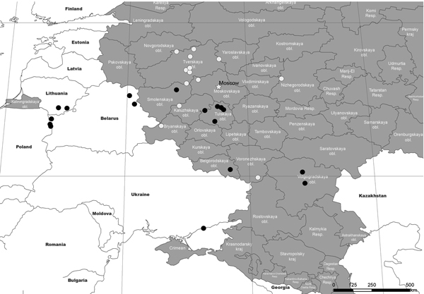 Locations where isolates of African swine fever virus were obtained in Russia during or after 2011. Black circles indicate isolates with tandem repeat insertions, and white circles indicate isolates without tandem repeat insertions. obl., oblast; Resp., respublika.