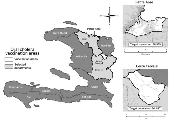 Areas selected for the first government-implemented oral cholera vaccination campaign in Haiti, 2013. Data source: Haiti Ministry of Health and Population, Centre National de l’Information Géo-Spatiale, and Institut Haïtien de Statistique et d’Informatique, OpenStreetMap.