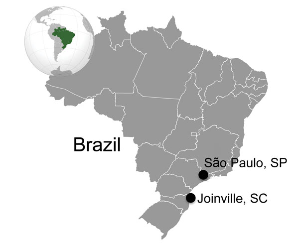 Cities where retinochoroidal scars consistent with Toxoplasma gondii infection were found on eyes donated to eye banks in Brazil during 1985 and 2009: São Paulo, São Paulo State, and its relative position in southern Brazil to Joinville, Santa Catarina State; 522 km separates the 2 cities. 
