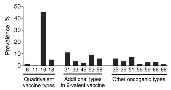 Prevalence of human papillomavirus (HPV) types among women with a diagnosis of cervical intraepithelial neoplasia grade 2 or 3 or adenocarcinoma in situ, Emerging Infections Program HPV-IMPACT project, 2008–2012. HPV-16 and -18 are the most common oncogenic HPV types; HPV-6 and -11 are nononcogenic HPV types that cause genital warts and respiratory papillomatosis.
