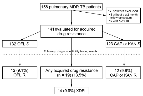 Cohort diagram of patients with multidrug-resistant tuberculosis (MDR TB) depicting rates of acquired drug resistance, Georgia, March 2009–October 2012. XDR TB, extensively drug-resistant tuberculosis; OFL, ofloxacin; S, susceptible; CAP, capreomycin; KAN, kanamycin; R, resistant.