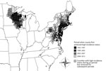 Thumbnail of United States counties with high incidence of Lyme disease by the period when they first met the designated high-incidence criteria, 1993–2012. High-incidence counties were defined as those within a spatial cluster of elevated incidence and those with &gt;2 times the number of reported Lyme disease cases as were expected (based on the population at risk).