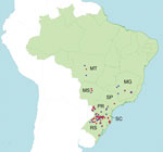Thumbnail of Areas of swine production in 7 states in southern, midwestern, and southeastern Brazil: Rio Grande do Sul (RS) State (total swine population ≈7.0 million), Santa Catarina (SC) State (≈9.0 million swine), Paraná (PR) State (≈6.0 million swine), Mato Grosso (MT) State (≈2.4 million swine), Mato Grosso do Sul (MS) State (≈1.3 million swine), Minas Gerais (MG) State (≈5.4 million swine), and São Paulo (SP) State (≈1.8 million swine). Red dots indicate pig farms sampled where at least 1 