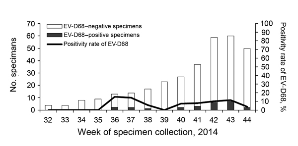 Detection of enterovirus D68 (EV-D68), Germany, week 32–44, 2014.
