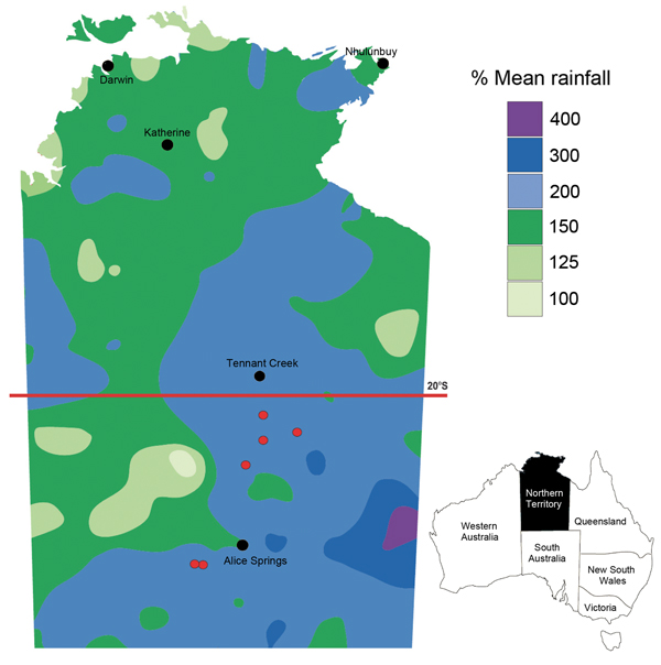 Rainfall in the Northern Territory of Australia during August 1, 2010–July 31, 2011. Rainfall is expressed as percentages of historical mean; the lowest rainfall total was 100% of mean. Cities and towns are indicated by black dots; locations of 6 persons with melioidosis in central Australia are indicated by red dots. Adapted from the National Climate Centre, Australian Bureau of Meteorology (http://www.bom.gov.au). Inset shows location of Northern Territory in Australia.