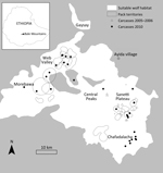 Thumbnail of Bale Mountains National Park in Ethiopia, showing location of wolves that died during the 2005–2006 and 2010 canine distemper virus outbreaks in Worgona Valley and Sanetti Plateau and the location of Ayida village, the source of the outbreaks.