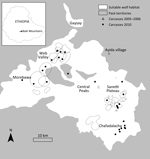 Bale Mountains National Park in Ethiopia, showing location of wolves that died during the 2005–2006 and 2010 canine distemper virus outbreaks in Worgona Valley and Sanetti Plateau and the location of Ayida village, the source of the outbreaks.
