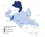 Thumbnail of Counties in Liberia reporting Ebola virus disease cases as of August 15, 2014. Star indicates the capital city, Monrovia.