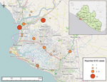 Thumbnail of Reported Ebola virus disease cases, Montserrado County, Liberia, as of July 31, 2014.