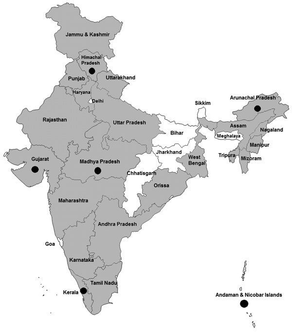 Location of Crimean-Congo hemorrhagic fever virus IgG seropositivity in bovines, sheep, and goats in 22 states and 1 union territory, India. Gray shading, seropositivity in bovines; black dots, seropositivity in sheep/goats; white, serum samples not available screening.