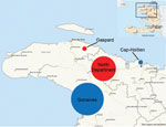 Thumbnail of Location of study sites used to determine mortality rates during cholera epidemic, Haiti, 2010–2011: entire town of Gonaives, urban slum in Cap-Haïtien, rural communal sections in North Department, and communal section of Gaspard. Red circles, rural sites; blue circles, urban sites. Circle size is proportional to the estimated population of each site.