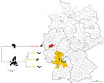 Thumbnail of Region of Germany where Usutu virus (USUV) is endemic (orange) and location where the putative novel USUV strain Usutu-BONN was detected (red). Phylogenetic tree illustrates the genetic relationship between the strains circulating in the USUV-endemic region of Germany (belonging to the European USUV clade) and Usutu-BONN (belonging to the African USUV clade) (7), based on complete amino acid sequences of the polyprotein-encoding gene. Triangles indicate locations of the USUV-positiv