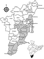 Thumbnail of Eleven district sites (gray shading) where snails were collected in the state of Tamil Nadu, India, for testing as part of a study of ocular granulomas in children. Inset shows location of Tamil Nadu in India.