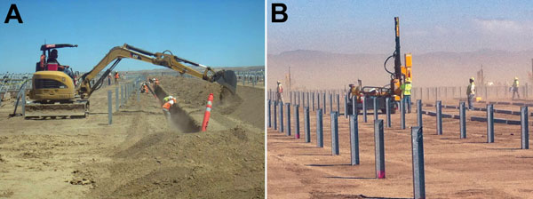 Conditions during solar farm construction in San Luis Obispo County, California, USA. A) Localized dust generation associated with a soil-disruptive activity. Photograph was taken during the week of July 28–August 3, 2013 (courtesy of Aspen Environmental Group). B) Ambient dust exposure because of high-wind conditions. Photo was taken on March 5, 2013 (courtesy of Dennis Shusterman).