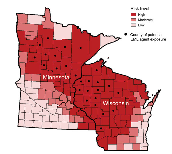 Geographic distribution of the likely county in Minnesota or Wisconsin in which exposure to the Ehrlichia muris–like (EML) pathogen occurred in relation to the risk for Lyme disease, babesiosis, and anaplasmosis. The risk of tickborne disease is based on county-specific mean annual reported incidence of confirmed Lyme disease and confirmed and probable human anaplasmosis and babesiosis cases in Minnesota and Wisconsin during 2007–2013. Counties with ≤10 cases/100,000 population were classified a