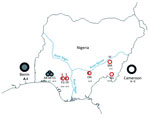 Thumbnail of Sites at which Mastomys natalensis rodents were captured in Nigeria during January 2011–March 2013. Red circles represent sites within the Lassa fever–endemic zone; black circles represent sites outside the Lassa fever–endemic zone. Within the circles, gray indicates M. natalensis phylogroup A-I rodents; white indicates M. natalensis phylogroup A-II rodents; both colors within 1 circle indicate that rodents of both phylogroups were present at that site. Numbers under each site indic