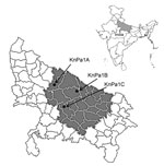 Thumbnail of Location of Uttar Pradesh state, India, showing geographic location of patients infected with 16S rRNA methyl transferase–positive Pseudomonas aeruginosa (gray shading) and RmtC-positive isolates KnPa1A, KnPa1B, and KnPa1C (black dots); KnPa1B was also positive for RmtF. Inset shows location of Uttar Pradesh within India.