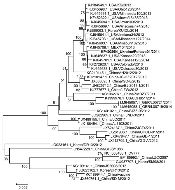 Phylogenetic analysis of the full-length genome of the porcine epidemic diarrhea virus (PEDV) Ukraine/Poltava01/2014 (bold text). The full-length genomes of PEDV were aligned by using the MegAlign software of the DNASTAR Lasergene Core Suite (DNASTAR, Inc., Madison, WI, USA) and phylogenetic analysis was done by using MEGA 5.2 software (13). The tree was constructed by using the neighbor-joining method and 1,000 bootstrap replications. Only bootstrap values of more than 50% are shown in the figu