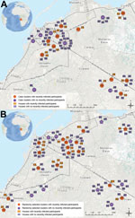 Thumbnail of Locations of case and random cluster investigations conducted in Luanda, Angola, 2013. Clusters were conducted within a 25-m radius of A) the residences of known dengue case-patients (case clusters) or B) households in which no known dengue-case-patients resided (random clusters). The numbers in each cluster foci indicate the number of households with &gt;1 recently infected household member per number of households included in each cluster. The numbers in each household indicate th