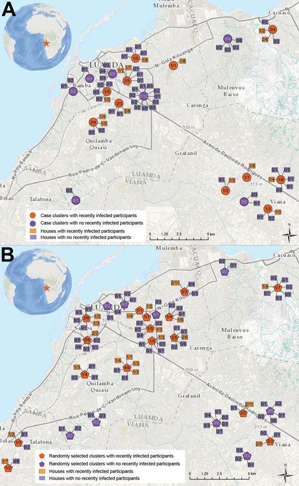 Locations of case and random cluster investigations conducted in Luanda, Angola, 2013. Clusters were conducted within a 25-m radius of A) the residences of known dengue case-patients (case clusters) or B) households in which no known dengue-case-patients resided (random clusters). The numbers in each cluster foci indicate the number of households with &gt;1 recently infected household member per number of households included in each cluster. The numbers in each household indicate the number of r