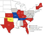 Thumbnail of State-level distribution of Heartland virus case reports in humans and seropositive wildlife, central and eastern United States, 2009–2014. Red indicates states with seropositive animals; gray indicates states with no seropositive animals. Black diagonal lines indicate states in which cases were reported in humans. Year labels indicate the earliest year of detected HRTV activity. Earliest detection was determined by human case reports in Missouri (1 case) and Oklahoma (3 cases) and 