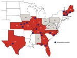 Thumbnail of Geographic groupings of confirmed seropositive animals for Heartland virus neutralizing antibodies, central and eastern United States, 2009–2014. Twenty groups were identified in 13 states. The geographic locations of the groups were subjectively approximated by the counties where seropositive animals were collected (blue circles). Red indicates states with seropositive animals; gray indicates states in which no seropositive animals were detected. Because of the sampling design, the