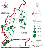Thumbnail of Locations of hospitals and healthcare centers (center of each circle) and total confirmed malaria cases in each township, Yunnan Province, China, 2011–2013.