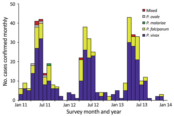 Monthly number of confirmed malaria cases of different Plasmodium species, Yunnan Province, China, 2011–2013.