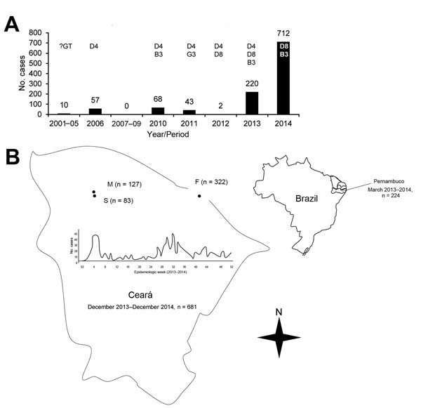 Measles cases reported in Brazil after elimination, 2001–2014. A) Cases and genotypes identified, by year. B) Spatial distribution of measles outbreaks in the states of Pernambuco and Ceará during 2013–2014, in which only genotype D8 was identified. Genotypes B3 and D4, observed during 2013–2014, were reported in other Brazilian states. The cities with the highest number of cases are highlighted on the map, as well as the evolution of its outbreak, which had 2 waves with peaks in the first and s