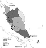 Thumbnail of Cases of human infection with chikungunya virus (CHIKV) per 100,000 persons in 5 states in Peninsular Malaysia, 2008–2009, and sites where monkeys were sampled in 2009–2010. Published CHIKV case numbers were used (4), and published estimated populations of monkeys in 2011 were reduced by an annual growth rate of 5% to obtain population estimates for 2010 (3). Solid circles indicate monkey sampling sites, triangles indicates sites from which samples were obtained (where the specific 