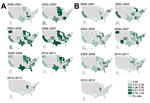 Thumbnail of Proportions of methicillin-resistant Staphylococcus aureus isolates, United States 2000–2013. A) USA300 strain type. B) USA100 strain type. Darker shading indicates higher proportions of types reported in studies conducted during those years.
