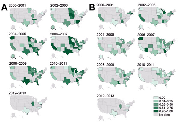 Proportions of methicillin-resistant Staphylococcus aureus isolates, United States 2000–2013. A) USA300 strain type. B) USA100 strain type. Darker shading indicates higher proportions of types reported in studies conducted during those years.