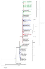 Thumbnail of Maximum-likelihood phylogenetic tree based on a 564-nt sequence of nucleoprotein genes of 18 rabies virus sequences from Mali, 2002–2013, and representative sequences from Mali (n = 2), northern Africa (n = 6), South Africa (n = 2), West Africa (n = 32), and central Africa (n = 5). Sequences obtained in this study are identified in green, blue, and red. Green squares indicate genotype G, blue triangles indicate genotype H, and red circles indicate genotype F. The tree is rooted with
