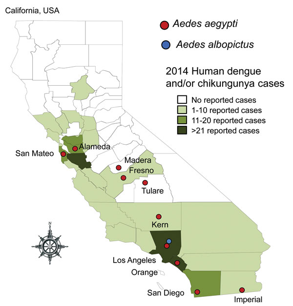 Invasive Aedes mosquitoes detected during 2011–2015 and number of imported human cases of dengue, chikungunya fever, or both reported during 2014 in counties in California, USA.