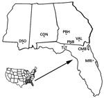 Thumbnail of Eight locations in 4 states in the southeastern United States where armadillos were sampled and tested for infection with Mycobacterium leprae. Inset (shaded region) indicates location of the 4 states. DSO, DeSoto National Forest, Mississippi; CON, Conecuh National Forest, Alabama; PBH, Pebble Hill Plantation, Thomasville, Georgia; PNB, Pinebloom Plantation, Albany, Georgia; VAL, Valdosta, Georgia; TLT, Tall Timbers Research Station and Land Conservancy, Tallahassee, Florida; CMB, C