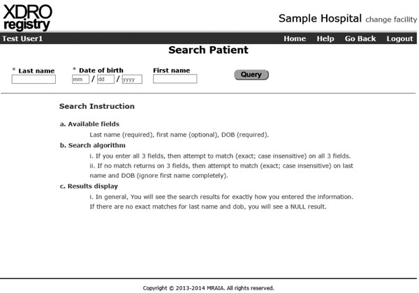 Illinois XDRO registry query page. The patient's last name and date of birth are required to execute a search. CRE, carbapenem-resistant Enterobacteriaceae; XDRO, extensively drug-resistant organism.