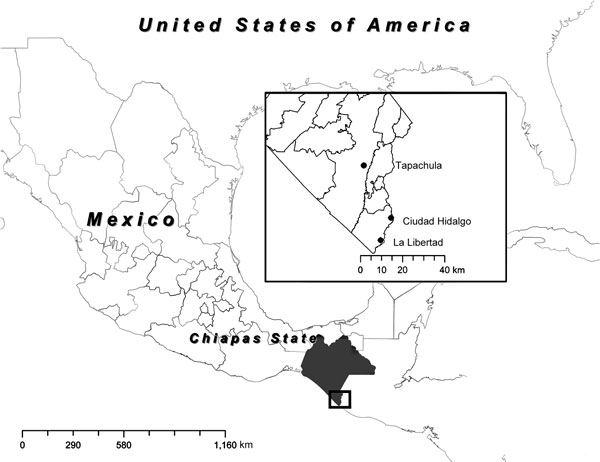 Map of Mexico showing the 3 sites where serum samples were obtained to test for chikungunya virus in Chiapas, Mexico, 2014: Tapachula, La Libertad, and Ciudad Hidalgo. 