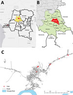 Thumbnail of Region affected by monkeypox illness. A) The Democratic Republic of the Congo is outlined; Tshuapa District is highlighted in yellow and Bokungu Health Zone in red. B) Health zones within Tshuapa District; Bokungu Health Zone is highlighted in red. The village with the largest cluster of cases is indicated by a yellow square. C) Distribution of cases (shown by red triangles) in the village with the most cases during this outbreak.