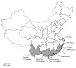 Thumbnail of Geographic distribution of dengue cases reported during the 2014 epidemic in China, showing the location of the cities of Wenzhou, Zhejiang Province, and Wuhan, Hubei Province, in comparison to the focal area of the epidemic in southern China (Yunnan Province, Guangxi Zhuang Autonomous Region, Guangdong Province, and Fujian Province; gray shading). Case counts are shown for provinces in the focal area. 