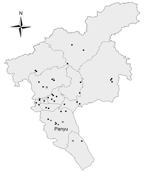 Geographic distribution of the live poultry markets under routine and enhanced surveillance in Guangzhou, China, 2014. Solid squares indicate routine surveillance sites; solid triangles indicate enhanced surveillance sites (in Panyu district); open squares indicate markets selected for comparison before and after market closure and disinfection. 
